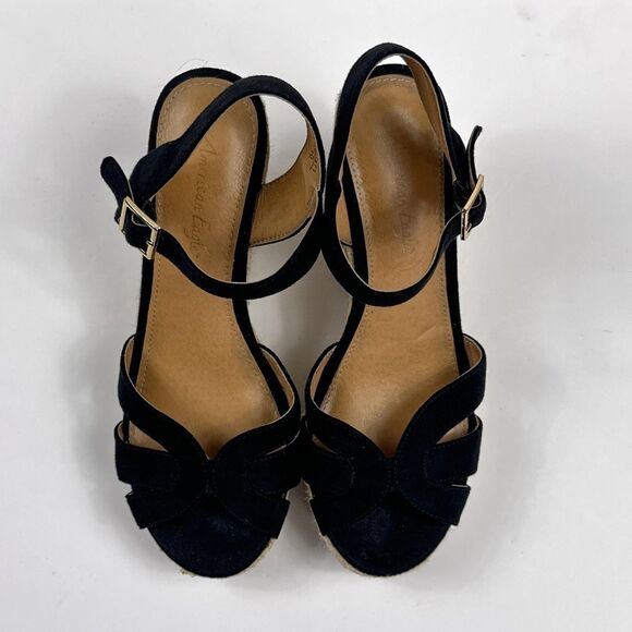 American Eagle Wedge Sandals Womens 7 Black Faux Suede Espadrille Ankle Strap - Picture 8 of 12